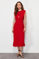 Red A Cut Crew Neck Sleeveless Aerobin Midi Woven Dress Twoss24el00601