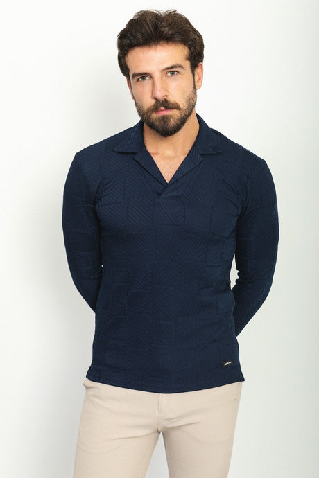 Patterned Navy Blue Color Slim Fit Lapel Collar Long Sleeve Men's T-shirt 36755.22k