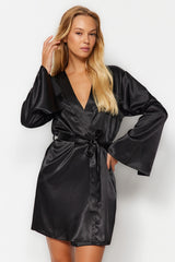 Black Satin Back Cut-out/window Detailed Woven Dressing Gown Thmaw24sb00006