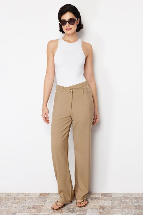 Beige Premium Straight/straight Cut Asymmetric Waist Detailed Woven Pants Twoss24pl00067