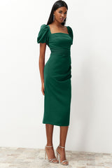 Emerald Green Waist Detailed Body Sitting Woven Dress Tprss24el00158