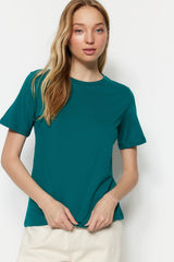 Emerald Green 100% Cotton Basic Turtleneck Knit T-shirt Twoss23ts00000