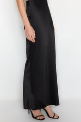 Black Satin Long Skirt Tpraw24et00040