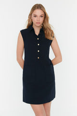 Navy Blue Straight Cut Pocket Shirt Collar Linen Look Mini Woven Dress Twoss22el1068