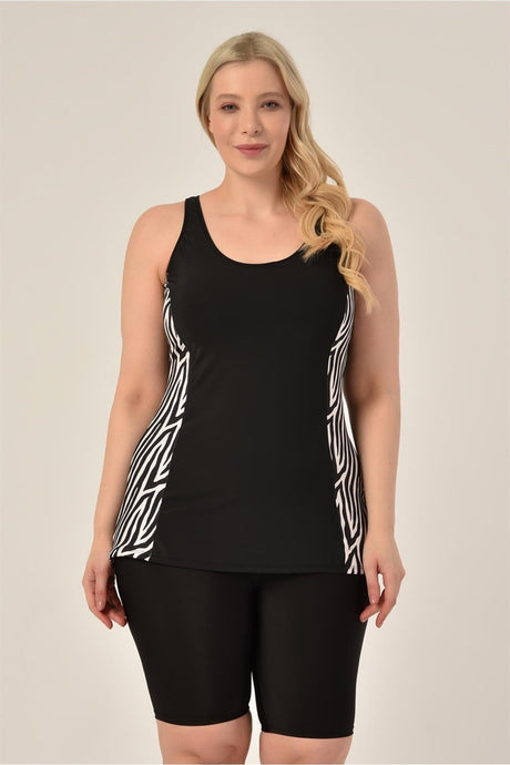 Women's Black Striped Plus Size Shorts Tankini 16169381