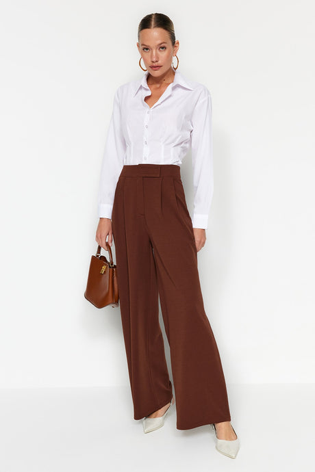 Brown Belt Velcro High Waist Pleated Wide Leg Knit Pants Twoaw24pl00177