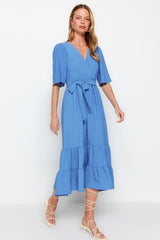 Indigo Belted A-cut Double-breasted Neckline Back Detailed Midi Woven Dress Twoss23el02164