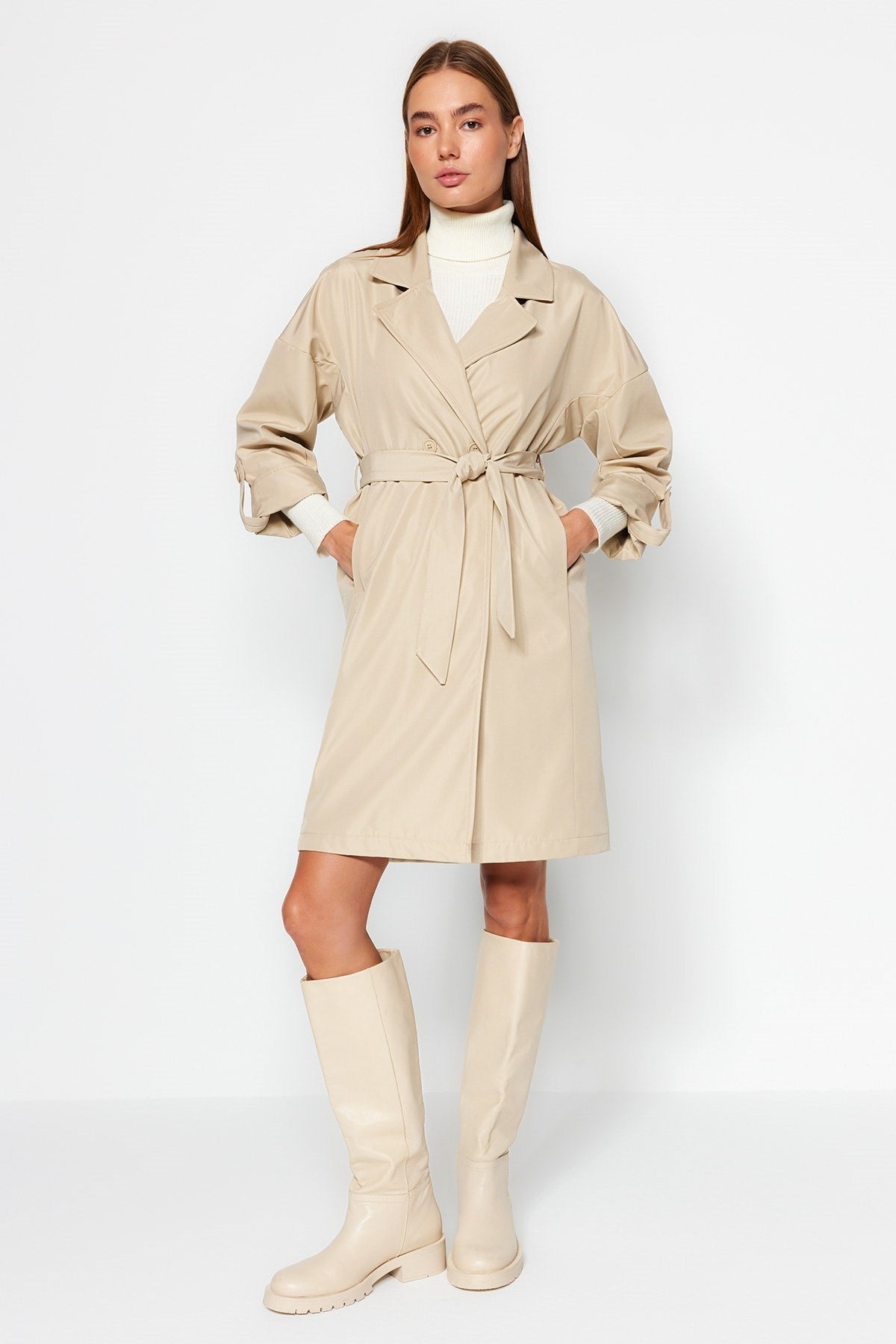 Beige Water Repellent Long Trench Coat Twoaw24tr00019