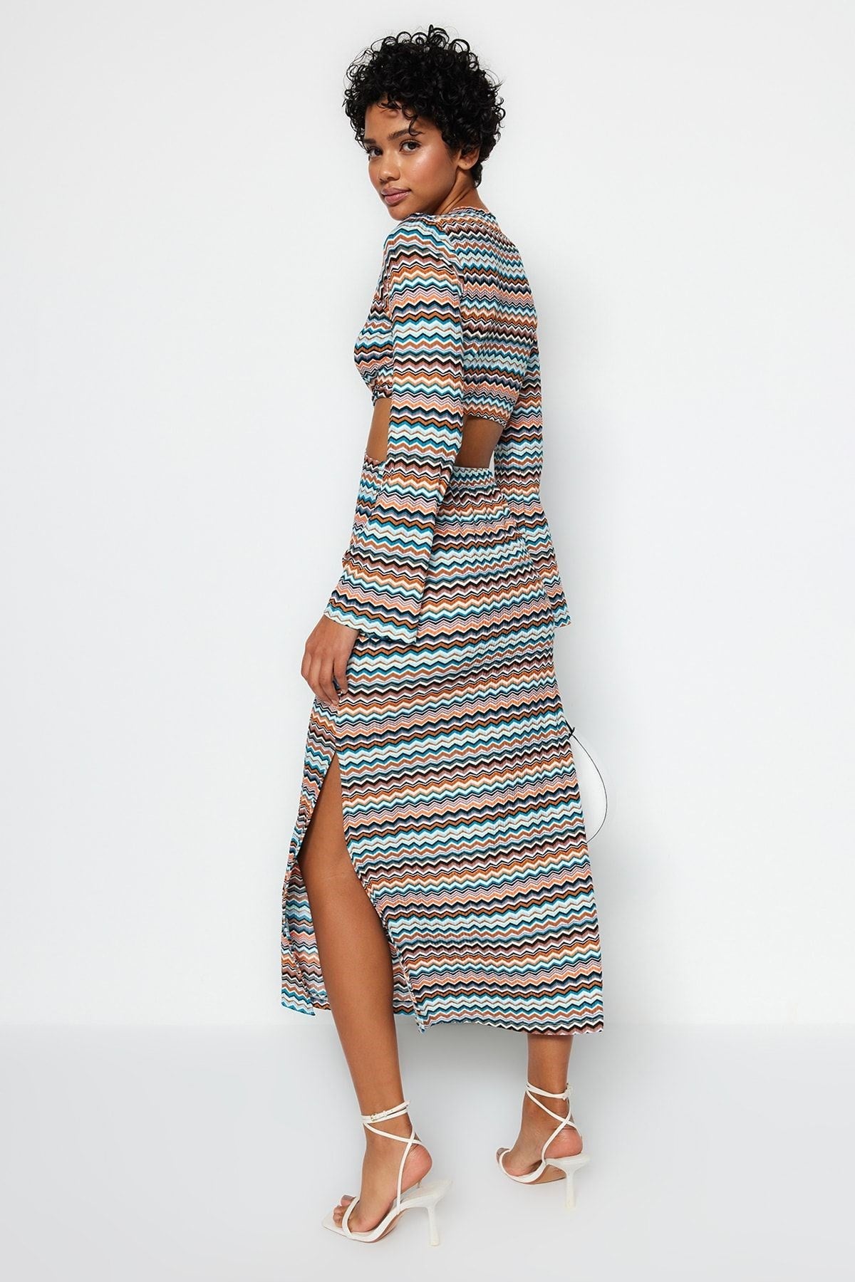 Multicolor Cut Out Detailed Printed Stretch Midi Knitted Dress Twoss23el01809