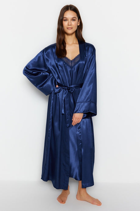 Indigo Belted Satin Woven Dressing Gown Thmss23sb00006