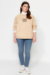 Camel Thick Inner Polar Embroidery Detailed Knitted Sweatshirt Tbbaw24ao00021