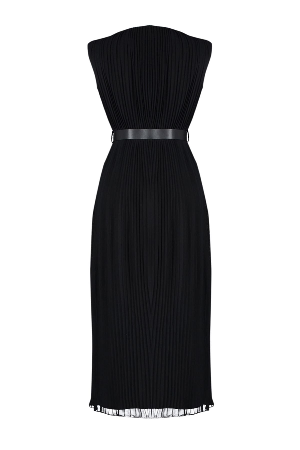 Black Pleated Double-breasted Neckline Chiffon Lined Midi Woven Dress Twoss24el00774