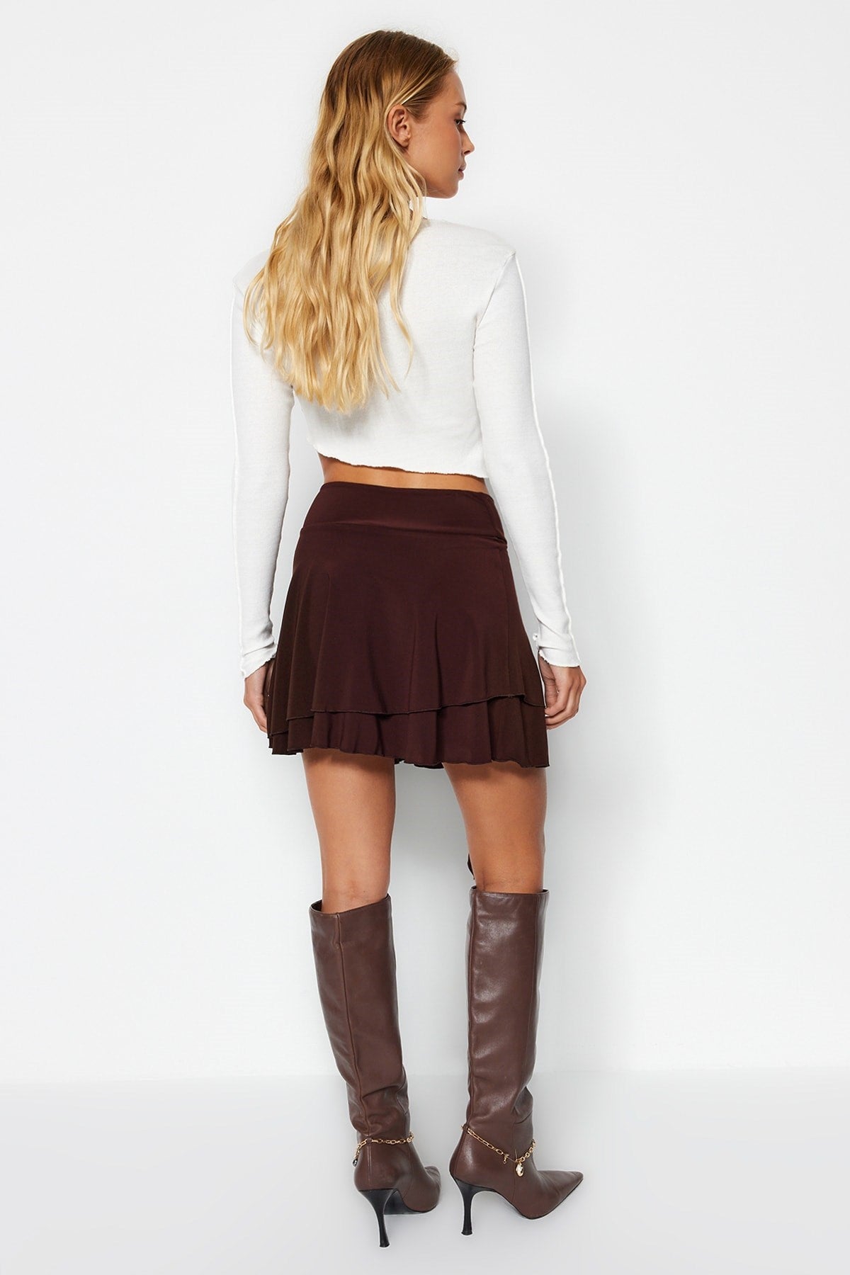 Brown Ruffle Detail Ruffled Mini Knit Skirt Twoaw24et00214