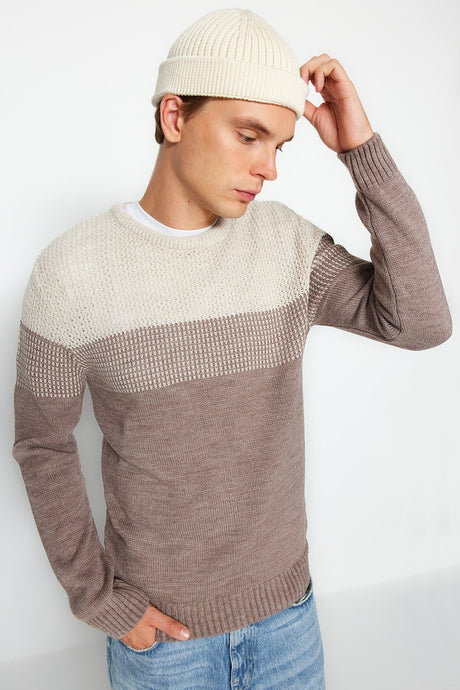 Beige Men's Slim Fit Crew Neck Blocked Sweater Tmnaw21kz0543