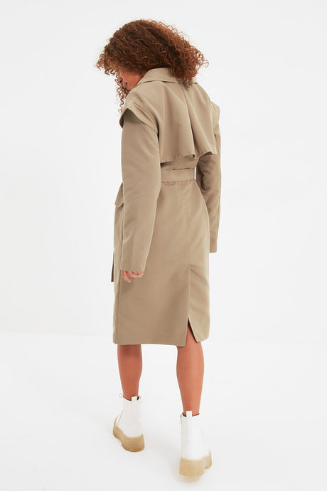 Beige Oversize Wide Cut Belted Water Repellent Long Trench Coat Twoaw22tr0010