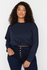 Navy Blue Elastic Waist Slim Crop Knitted Sweatshirt Tbbaw23ao00095