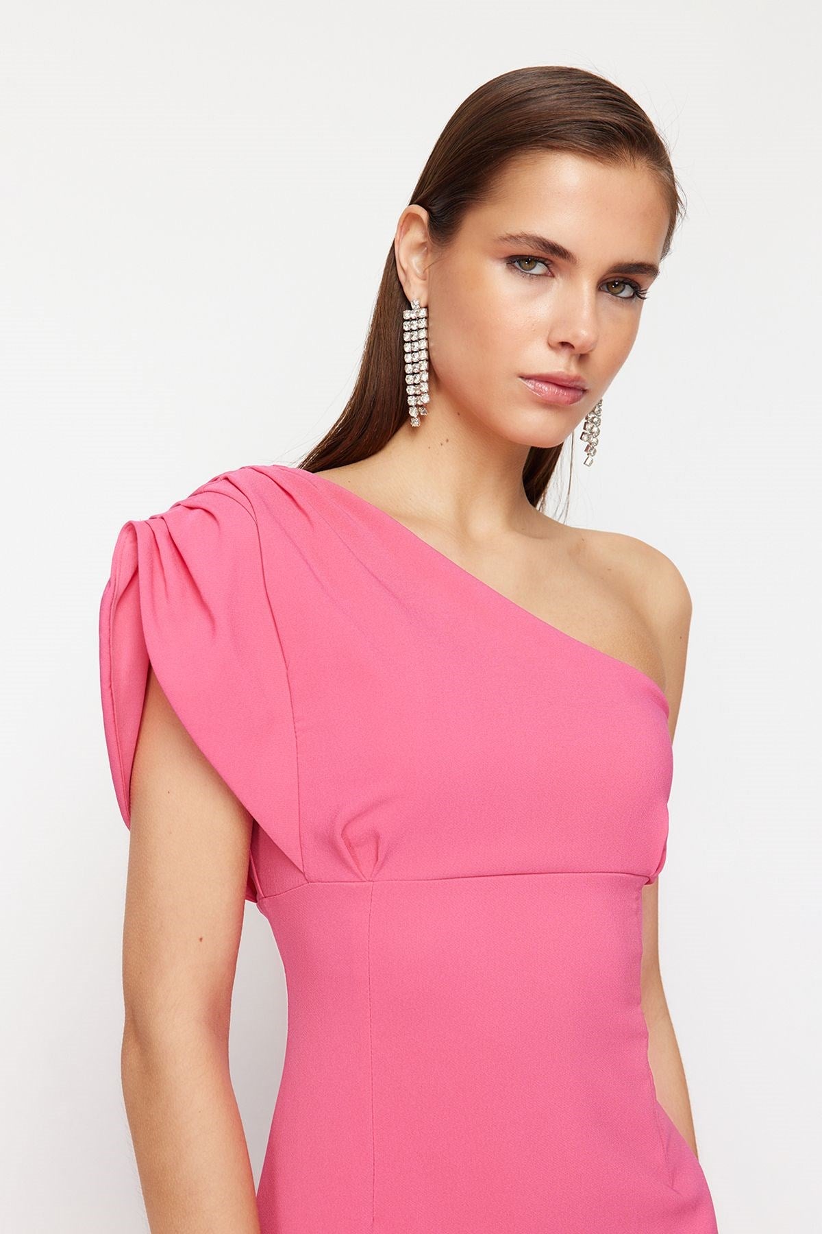 Fuchsia Asymmetric Collar Long Evening Dress Tprss24ae00119