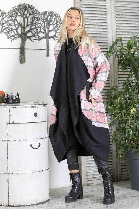 Black And White Handkerchief Collar Long Sleeve Plaid Double Pockets Long Fit Woven Slipknot Coat M1