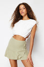 Khaki Skirt Hem Ruffle Waist Elastic Linen Look Woven Shorts Skirt Twoss24sr00038