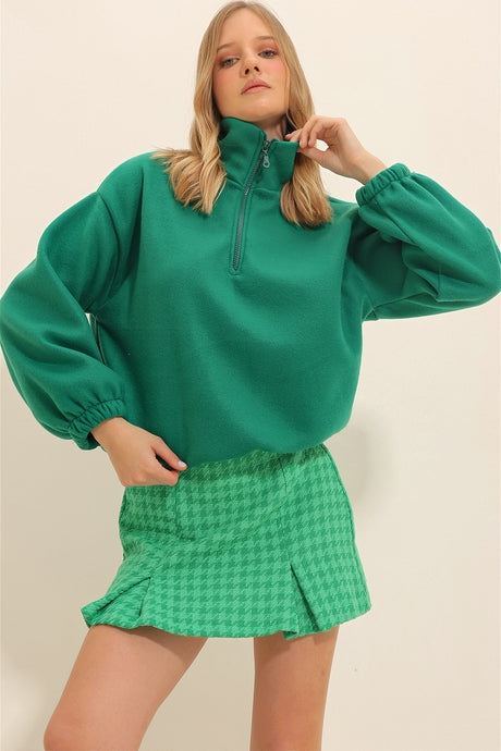 Women's Green Straight Collar Zipper Fleece Sweatshirt Alc-x11316