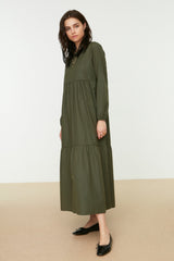 Khaki Ruffle Detailed Cotton Wide Pattern Woven Dress Tctss21el3406