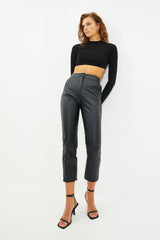 Black Cigarette Woven Faux Leather Pants Twoaw22pl0290