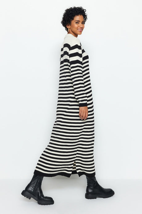 Black Polo Neck Striped Knitwear Dress Tctaw24eb00026