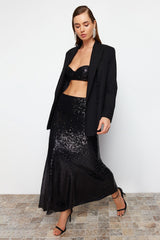 Black Sequin Long Woven Skirt Tprss24et00011