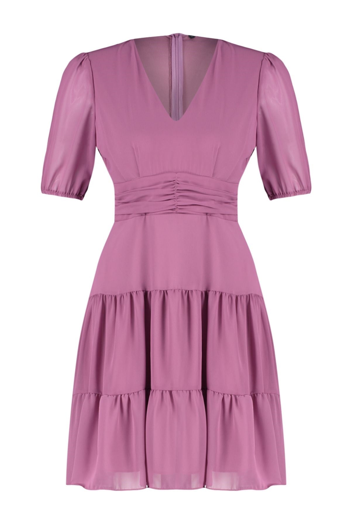 Pink Waist Flounce Chiffon Lined Mini Woven Dress Twoss24el00634