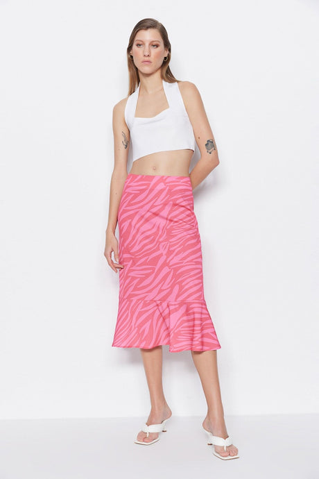 Pink Skirt-tip Ruffle Patterned Midi Woven Skirt Twoaw20et0241