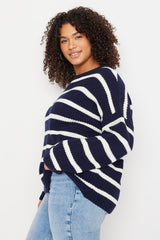 Navy Blue Striped Low Shoulder Knitwear Sweater Tbbaw23an00195