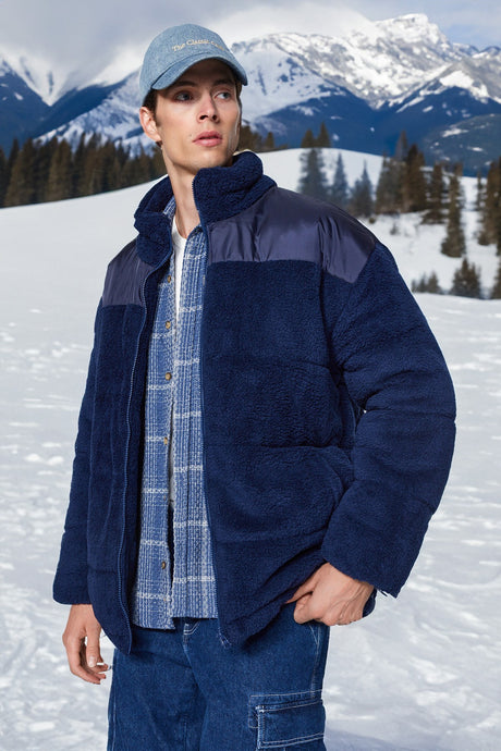 Navy Blue Men's Oversize Fit Plush Inner Liner/padded Thick Winter Coat Tmnaw24mo00015