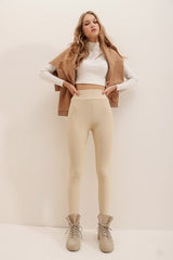 Women's Beige High Waist Ribbed Lycra Ottoban Leggings Alc-x7328