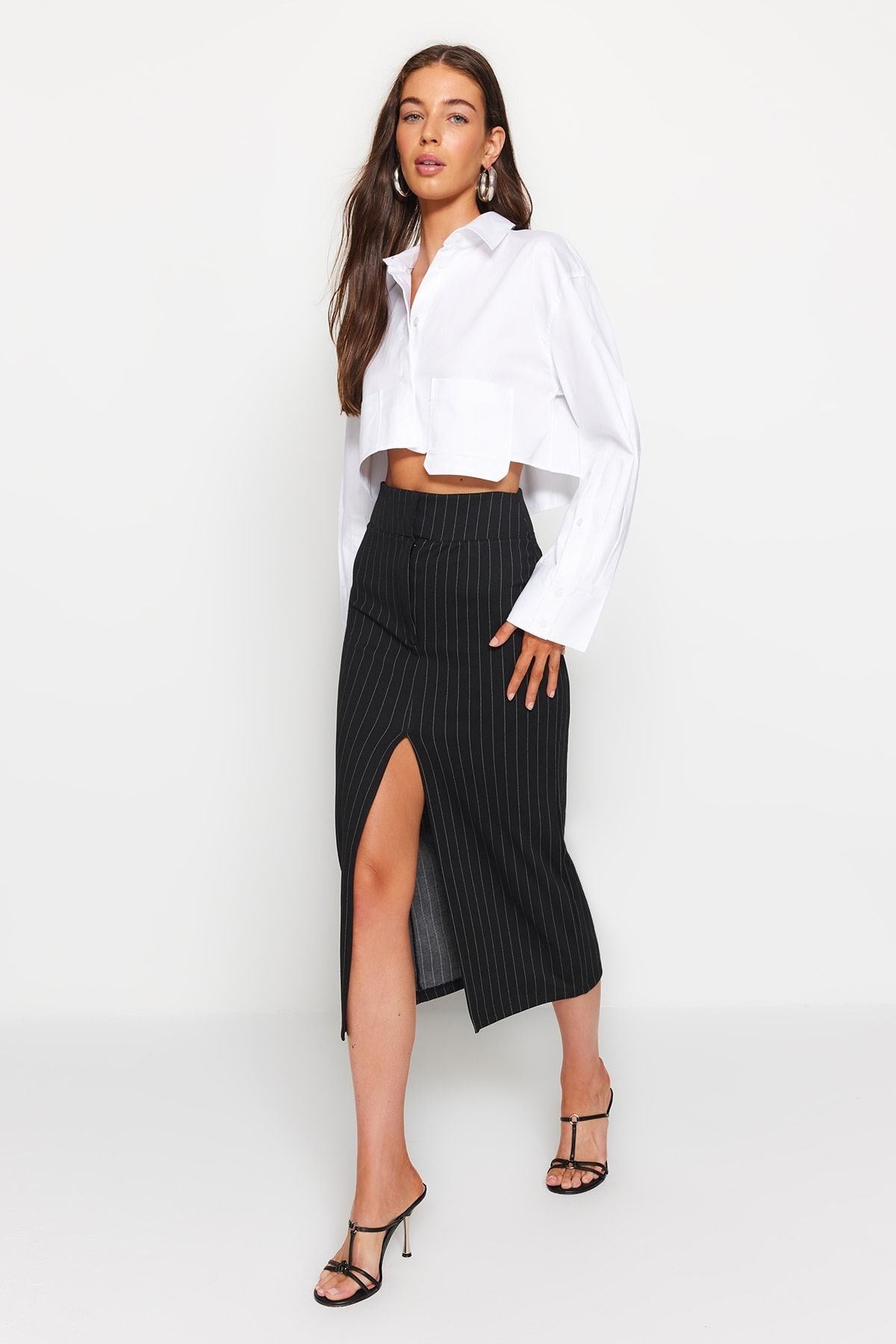 Black Striped Slit Detailed High Waist Maxi Knitted Skirt Twoss23et00376