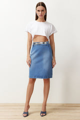 Blue Slit Midi Denim Skirt Twoss24et00189