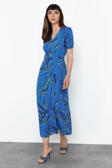 Blue Floral Print Double-breasted Viscose Midi Woven Dress Twoss24el00686