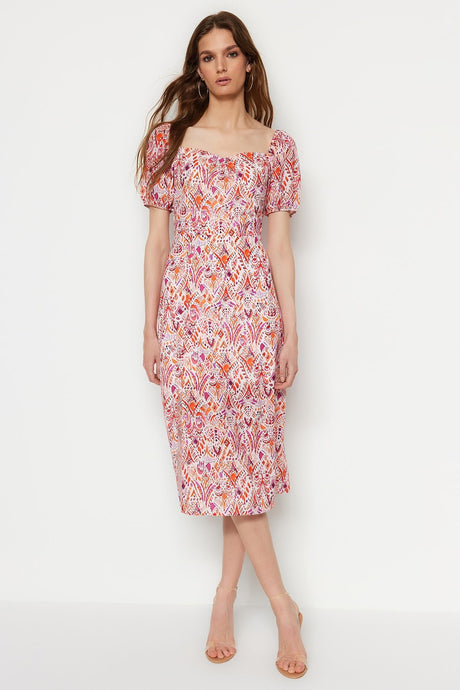 Pink Patterned A Cut Square Neckline Slit Midi Lined Chiffon Woven Dress Twoss23el01846