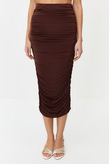 Brown Ruffle Body-fitting Lined Maxi Flexible Knit Skirt Twoss24et00028