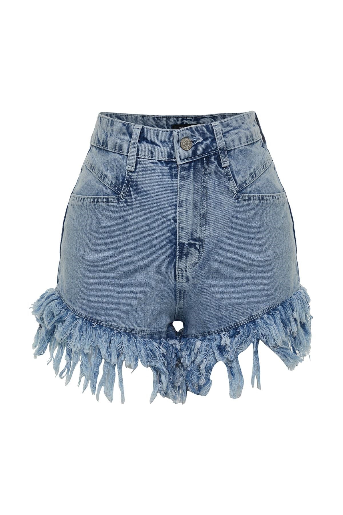 Light Blue Fringed Denim Shorts & Bermuda Twoss23sr00164