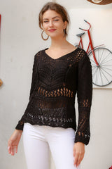 Black V Neck Long Sleeve Standard Casual Acrylic Knitwear Blouse M10010200bl93418