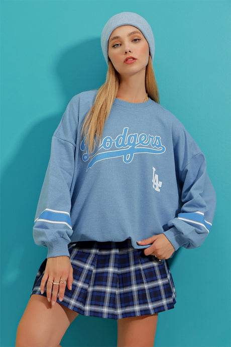 Women's Sky Blue Crew Neck Dodgers Printed Sleeve Striped Sweatshirt Alc-x8960