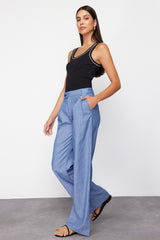 Dark Blue Pleated High Waist Wide Leg Jeans Twoss24je00280