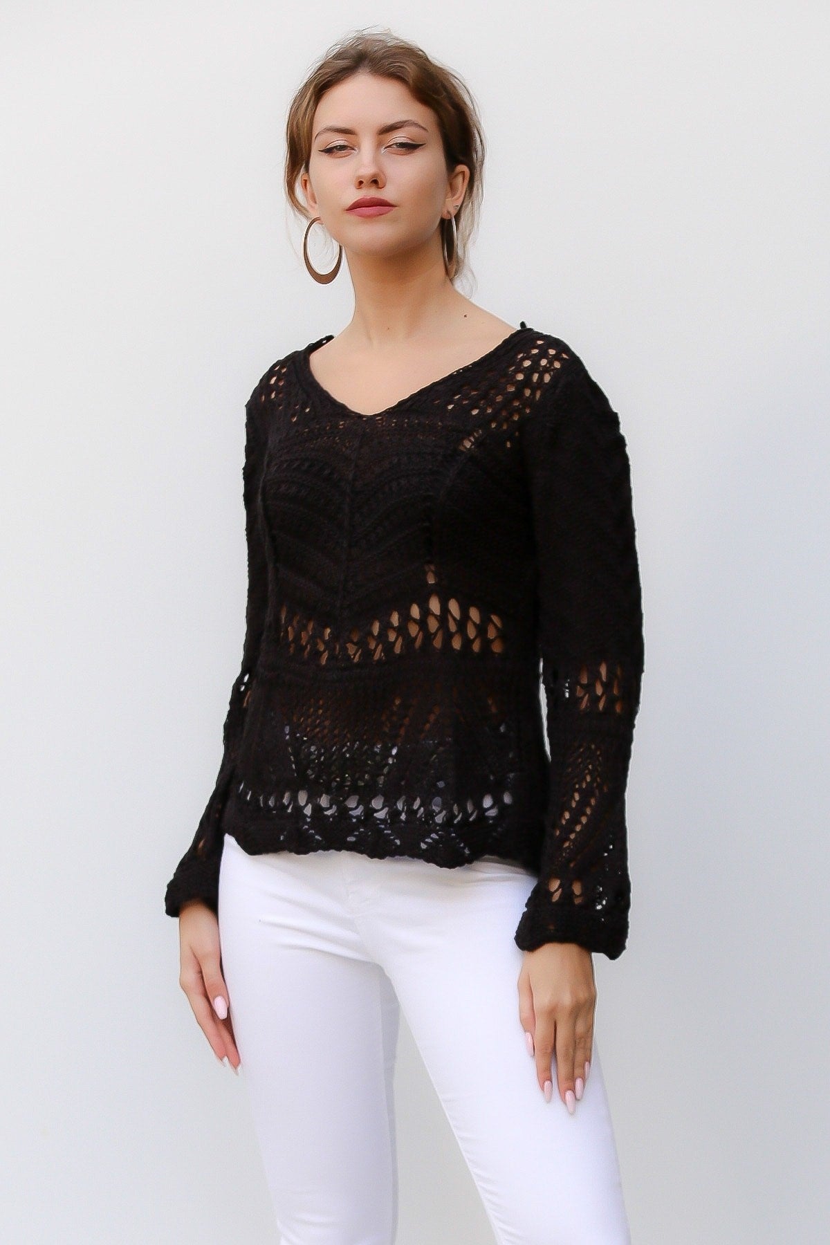 Black V Neck Long Sleeve Standard Casual Acrylic Knitwear Blouse M10010200bl93418