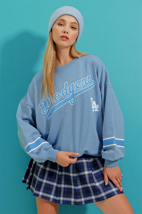 Women's Sky Blue Crew Neck Dodgers Printed Sleeve Striped Sweatshirt Alc-x8960