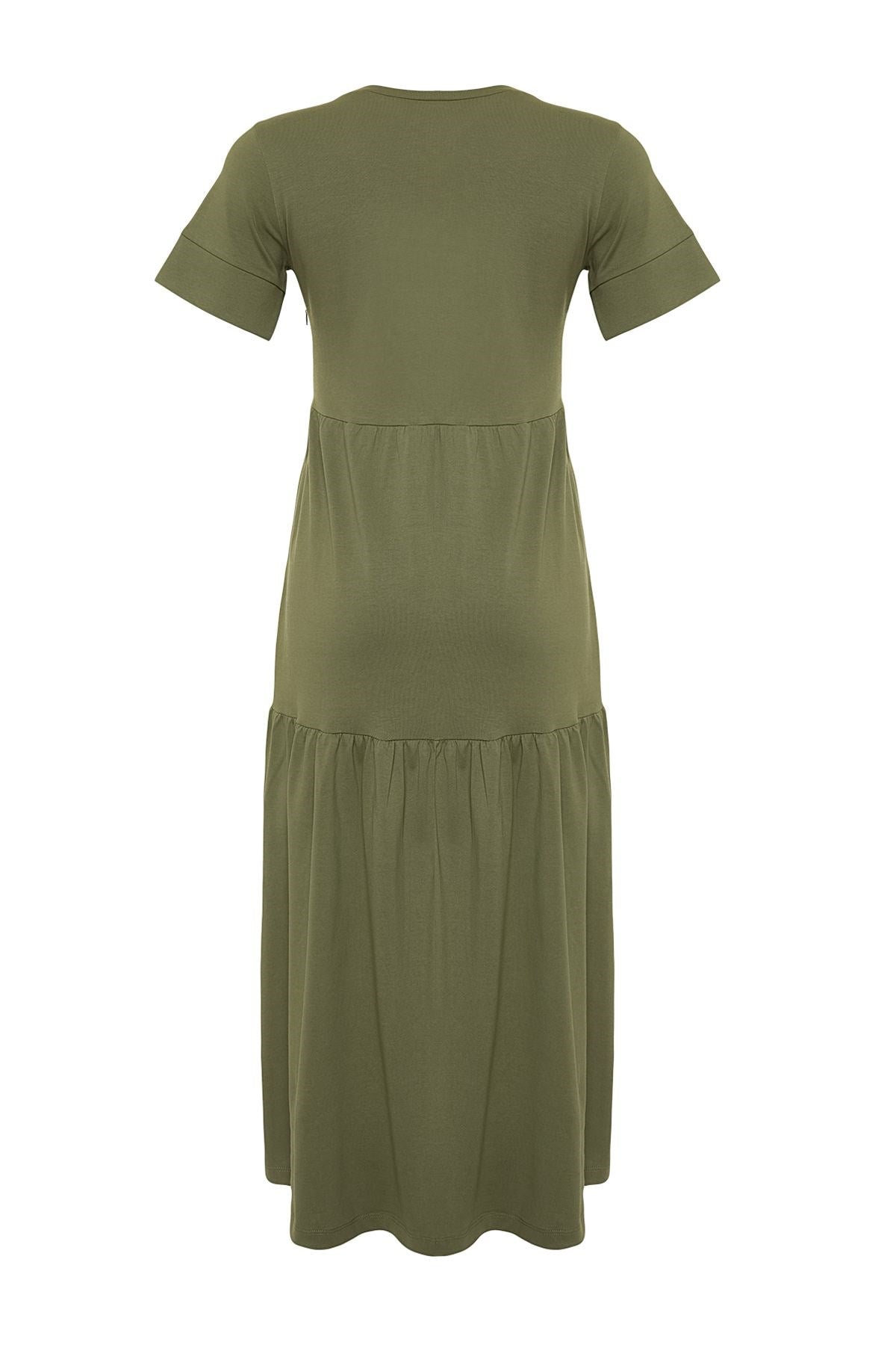 Khaki Ruffle Short Sleeve Knitted Maxi Dress Twoss24el00132