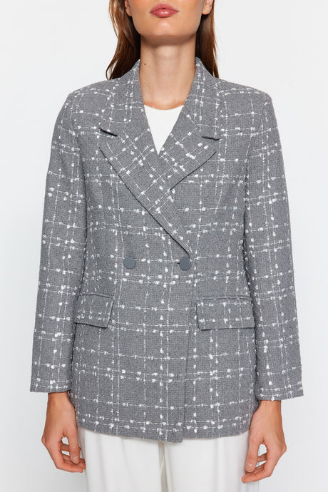 Black Tweed Regular Woven Plaid Blazer Jacket Twoaw21ce0105