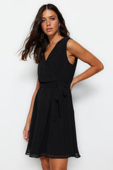 Black Belted V-neck Mini Lined Woven Dress Twoss23el02357