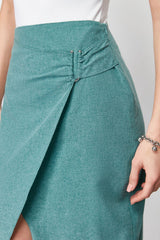 Green Linen Look Buckle Detailed Double-breasted Closure Midi Woven Skirt Twoss24et00130