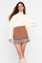 Camel Hem Plush Detailed Super Mini Woven Skirt Twoaw23et00300