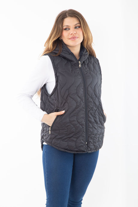 Women's Plus Size Black Front And Pocket Zipper Hooded Lined Quilted Vest 65n37282